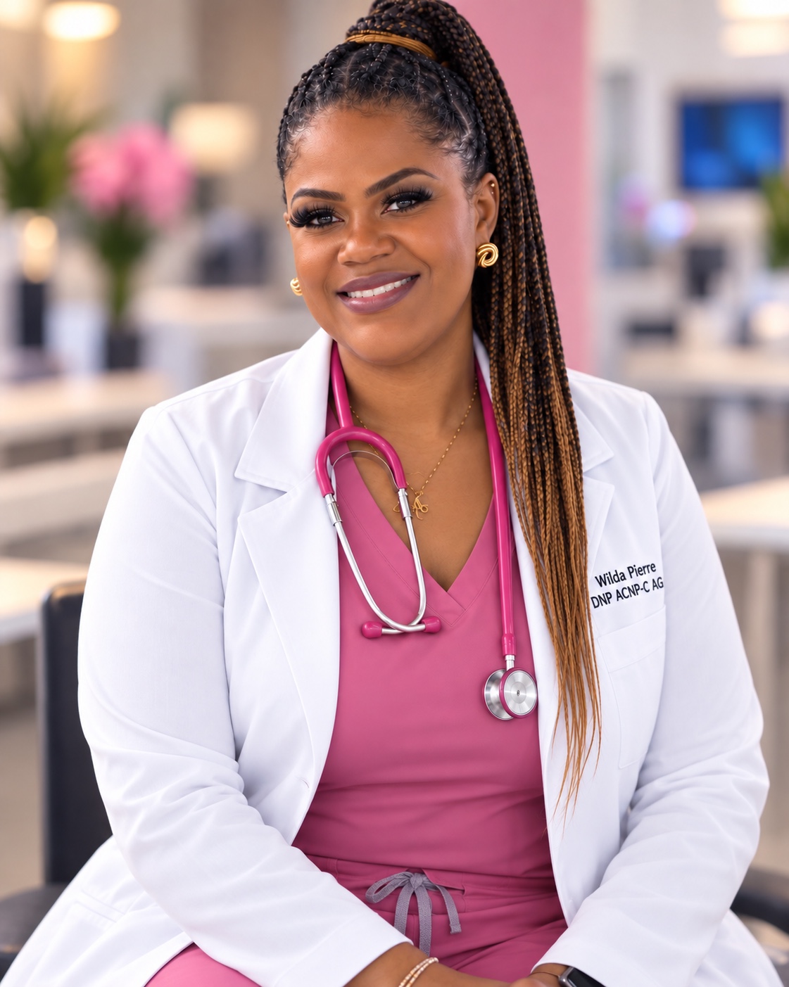Dr. Pierre smiling in a white coat and pink scrubs